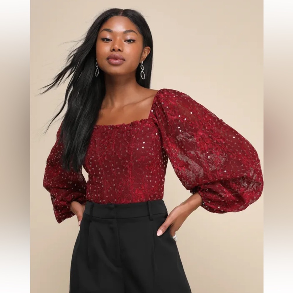 Lulus Charming Sophistication Burgundy Lace Sequin Long Sleeve Top